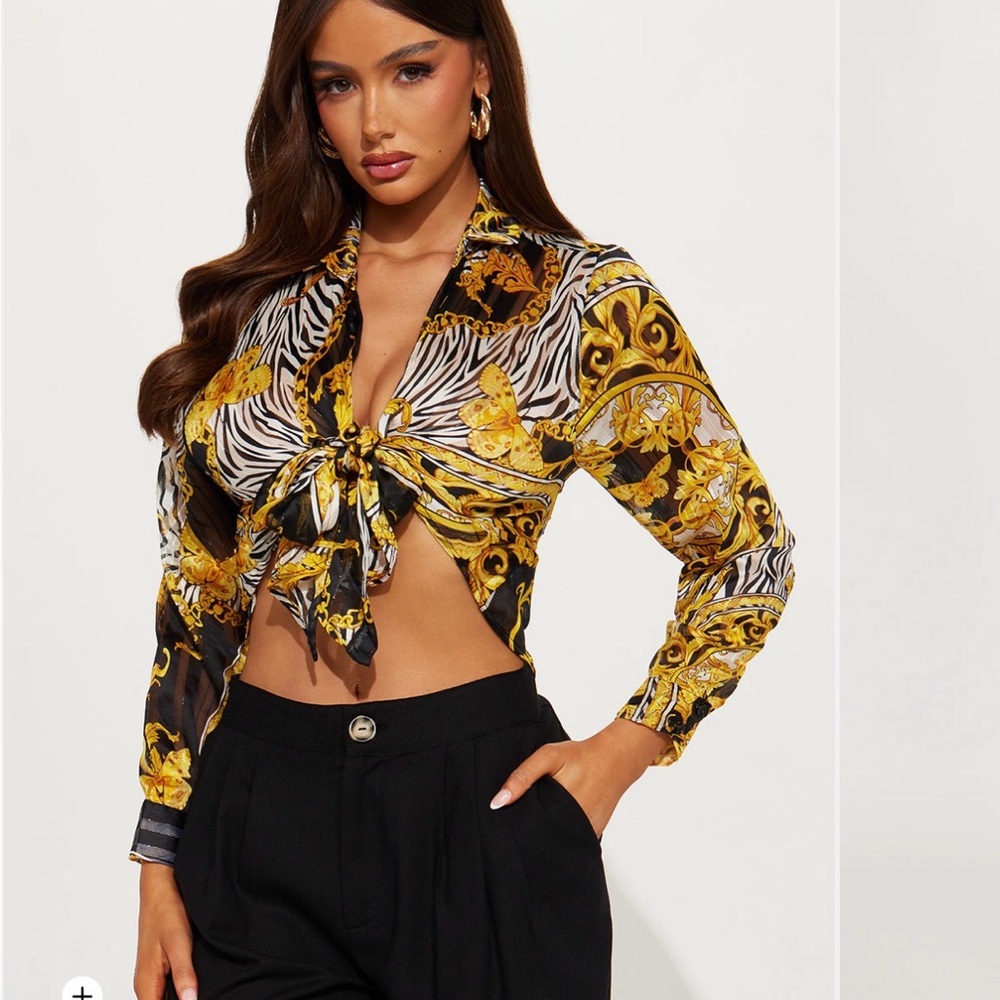 Fashion Nova Black and Gold Patterned Blouse